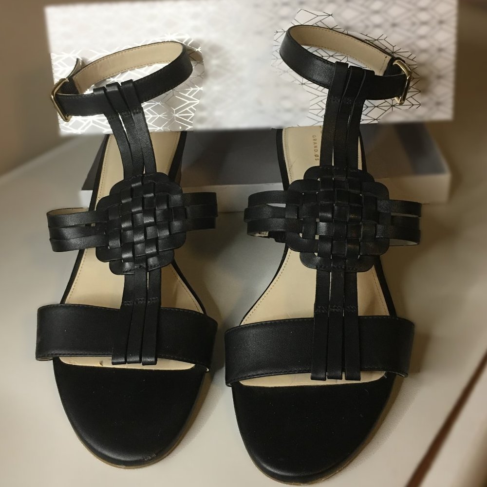 COLE HAAN "Findra" Black Leather Woven Slide Wedge Sandal | Size 9B - Picture 5 of 15
